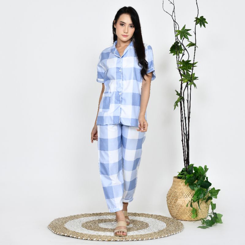 Baju Tidur Piyama Wanita Dewasa Motif Kotak Emily CP Lengan Pendek Celana Panjang Kekinian