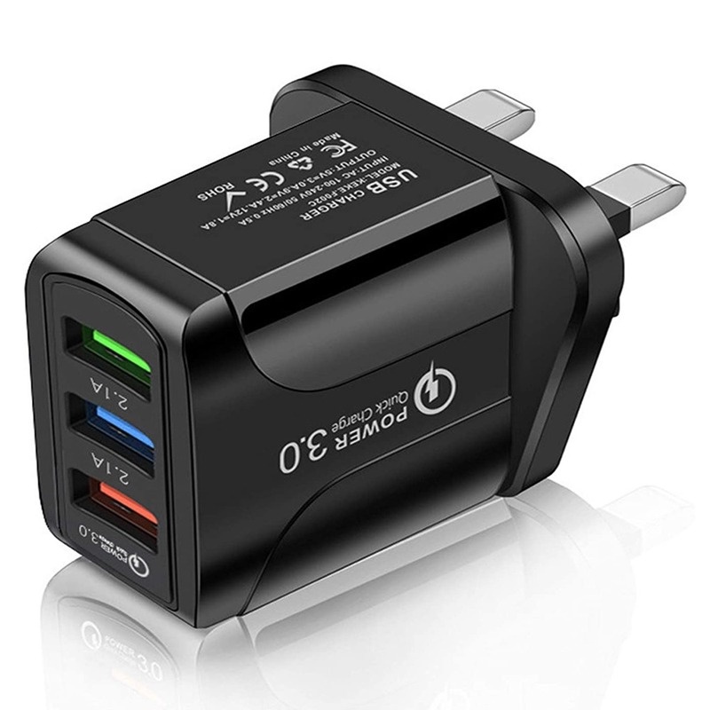 Xnyocn Kepala pengisian standar Inggris QC 3.0charger 2.1A pengisi daya antarmuka USB Kepala pengisian daya perjalanan ponsel 3-port universal USB charger