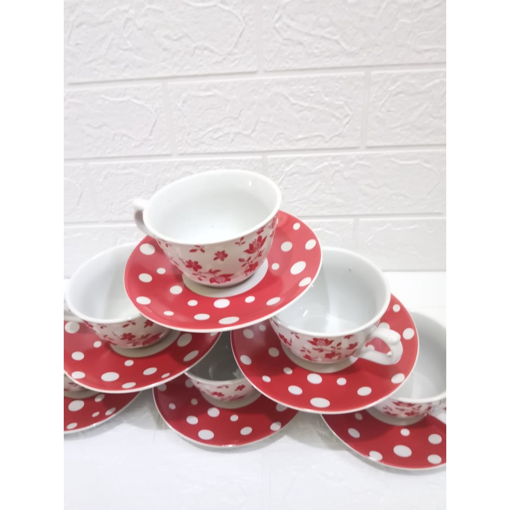 Cangkir set ceramic polkadot/cangkir cantik ISI 6 PASANG cangkir tatakan polkadot dan bunga.