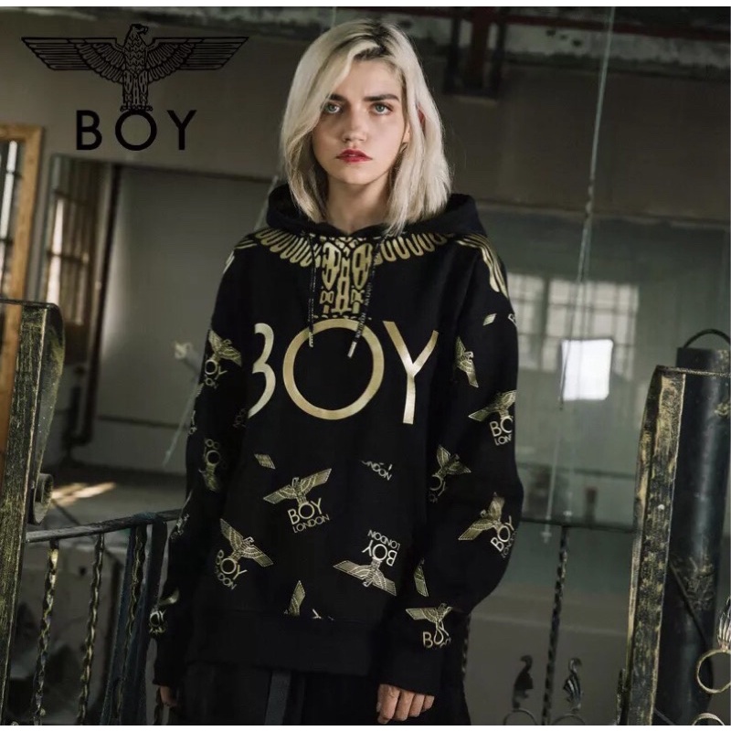 BOY29 SWEATER HOODIE BOY LONDON IMPORT GOLD ON BLACK PRIA WANITA BIG OVER SIZE