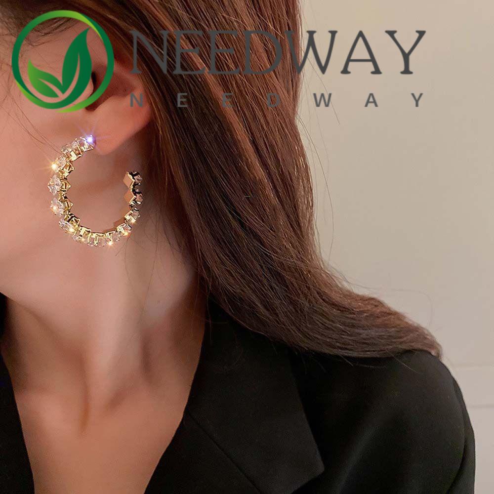 Needway  Daily Hoop Earrings Simple Korean Style Women Earrings Diamond Shaped 925 Silver Needle Oval Fashion Jewelry Round Temperament Ear Studs/Multicolor