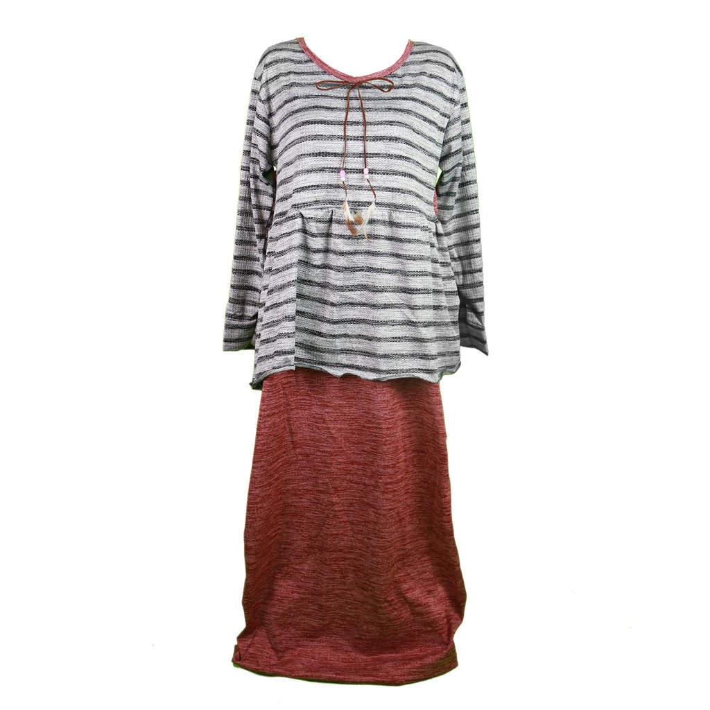 DKA-48 (M) casual long maxi dress gamis red wine strips vintage