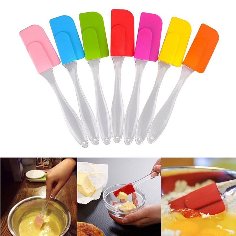 1Pc Random Color Silicone Cake Cream Spatula with Crystal Transparent Handle/Creamy Butter Mixing Scraper/Kitchen Baking Tools