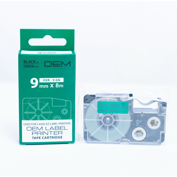 

OEM TAPE EZ LABEL CASIO 9MM BLACK INK GREEN (OXR-9GN)