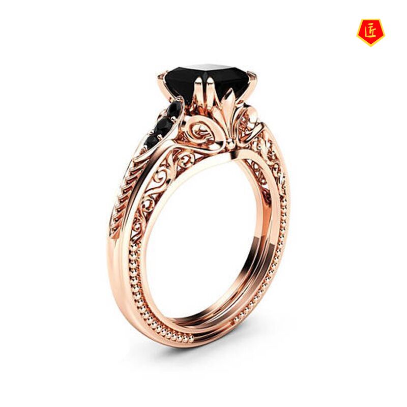 [Ready Stock]18K Rose Gold Square Diamond Ring Luxury Black Graceful and Fashionable