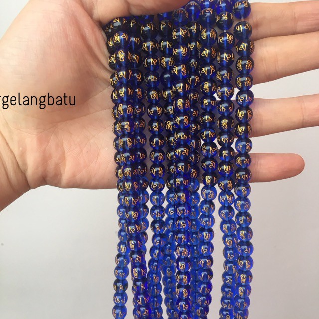 batu tibet mani padme hum biru blue 8mm kristal kuarsa lapis emas ukir