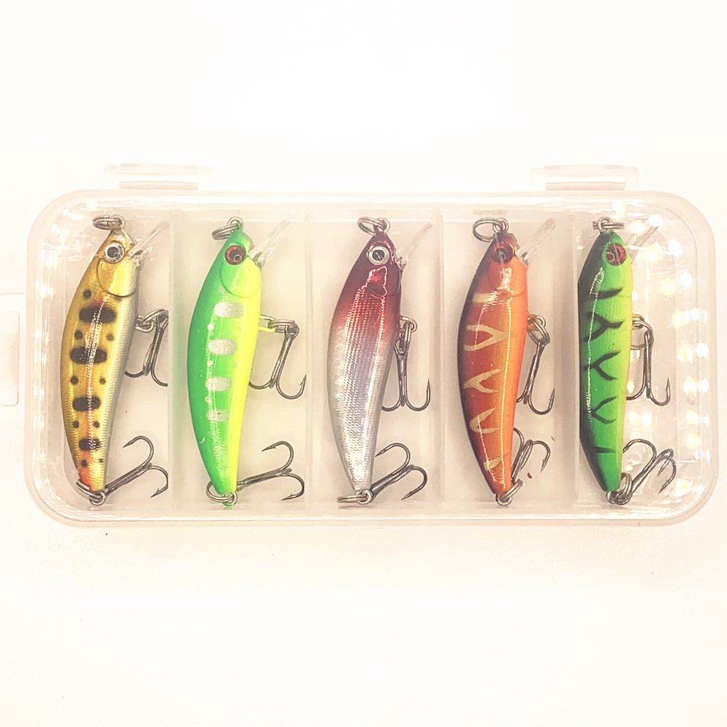 5pcs / Kotak Umpan Pancing Ikan Minnow 5cm 5g Dengan Kail Wobbler