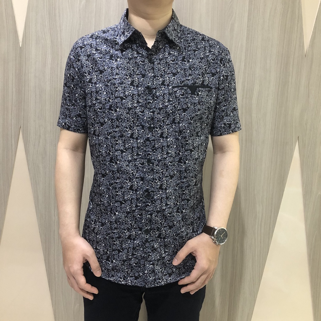 [GRIDLINE - S217 Blue &amp; Black] Kemeja Print Pria Katun Lengan Pendek Slimfit Simpel Modern M-XXL