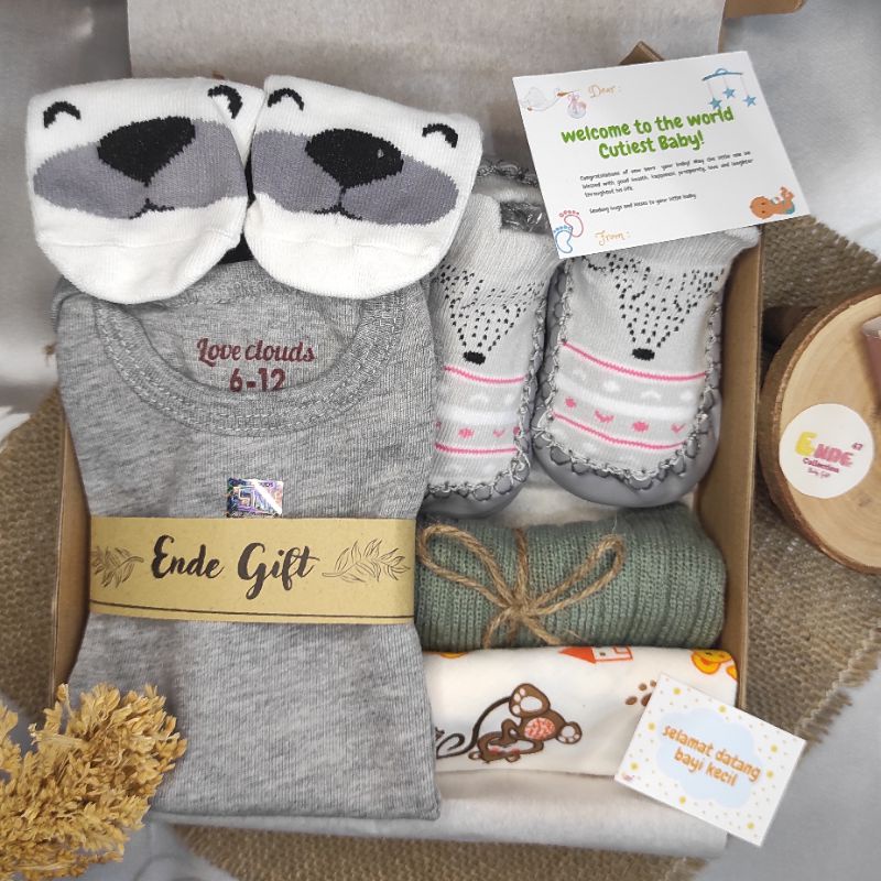 Gift Box Baby / Kado New Born / Kado Bayi/ Baju Bayi / Paket Hadiah Bayi / Hampers Baby Girl / Hampers Baby Boy (BISA COD)-Grey E