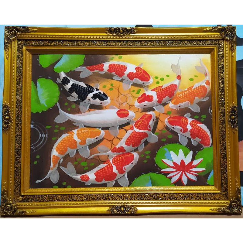 Lukisan ikan koi super bagus asli buatan tangan bukan print atau cetakan asli kain kanvas harga