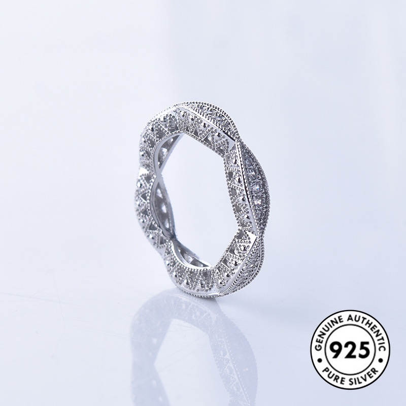 Cincin S925 Silver Bentuk Bulat Model Hollow Aksen Berlian Untuk Wanita