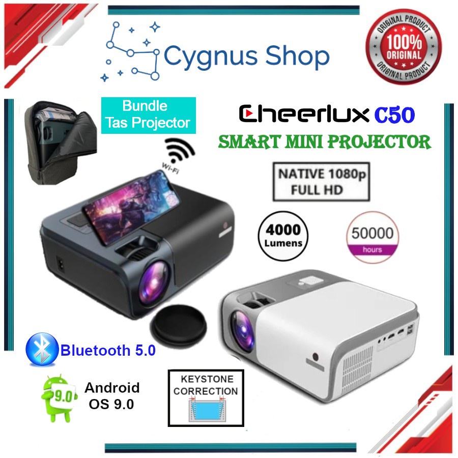 CHEERLUX C50 Smart Mini Projector Android WiFi 1080P Resolution Full HD 4000 Lumens