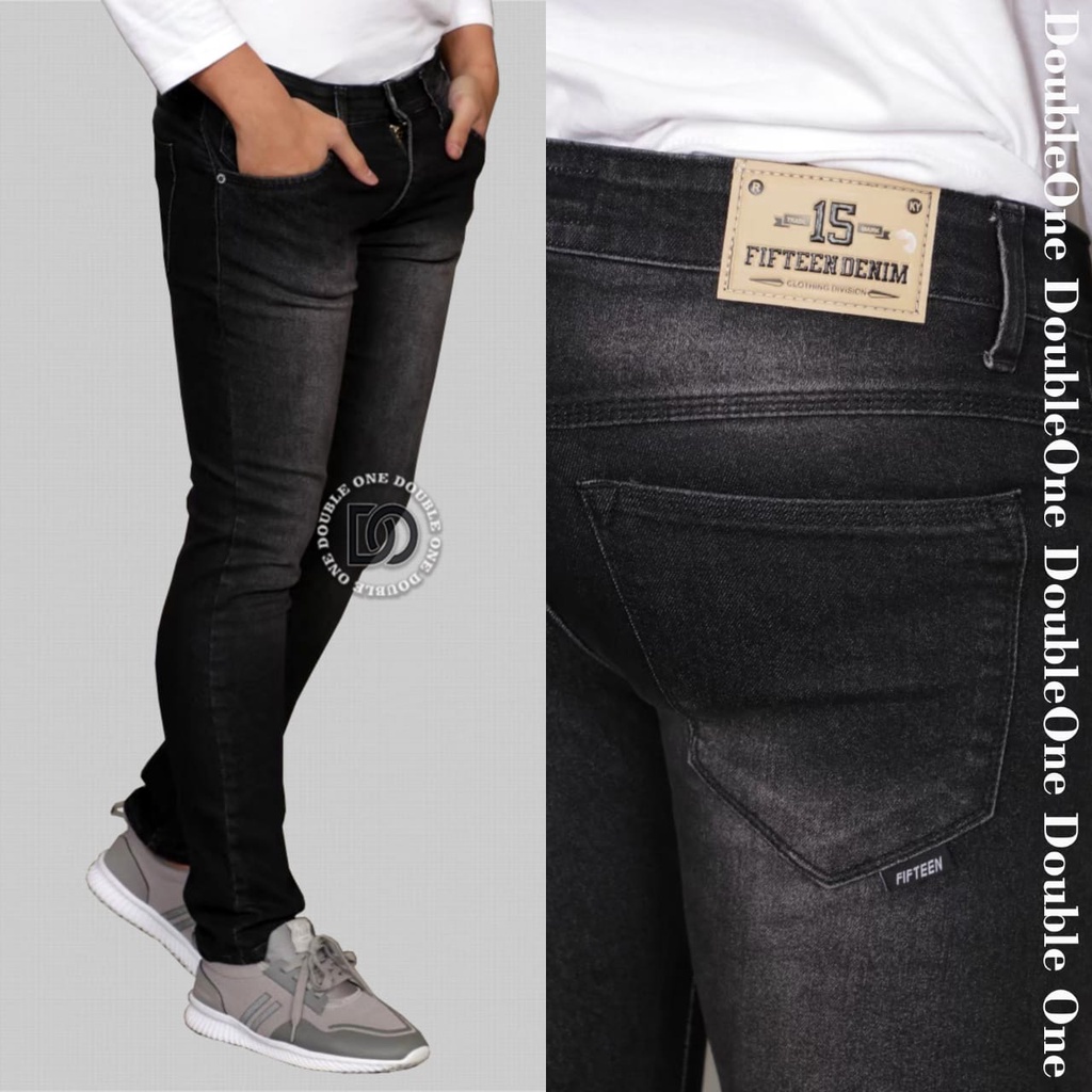 DOUBLE ONE Celana Jeans Panjang Pria Slim Fit Original FIFTEEN DENIM Black Jaz