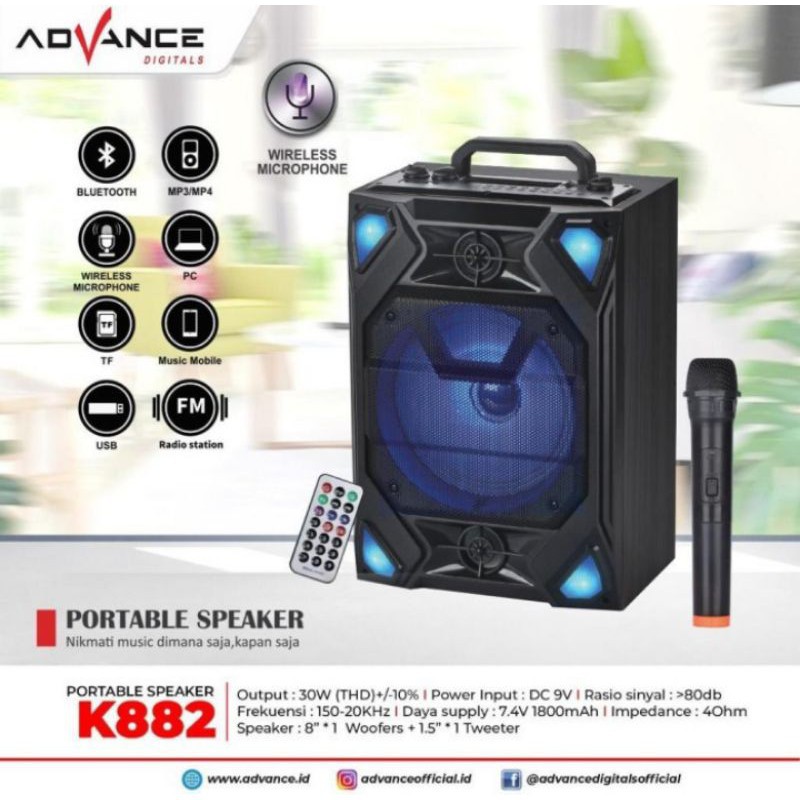 Advance K882 SPEAKER BLUETOOTH PORTABLE  / K-882 ( 8 Inch ) bonus adaptor charger + 1 Mi