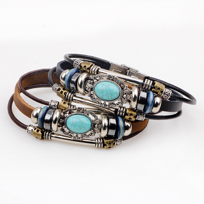 2022 Gelang Tangan Kulit Banyak Lapis Aksen Batu Turquoise Gaya Gothic Punk Hip Hop Untuk Pria