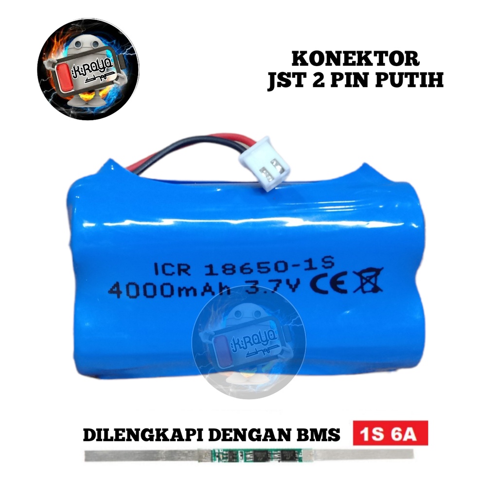 Batrai RC/ Baterai Speaker Bluetooth &amp; Elektronik Lainnya 2x Li-ion 18650-1S 4000mAh 3.7V Protektor BMS 6A Konektor JST 2 PIN PUTIH