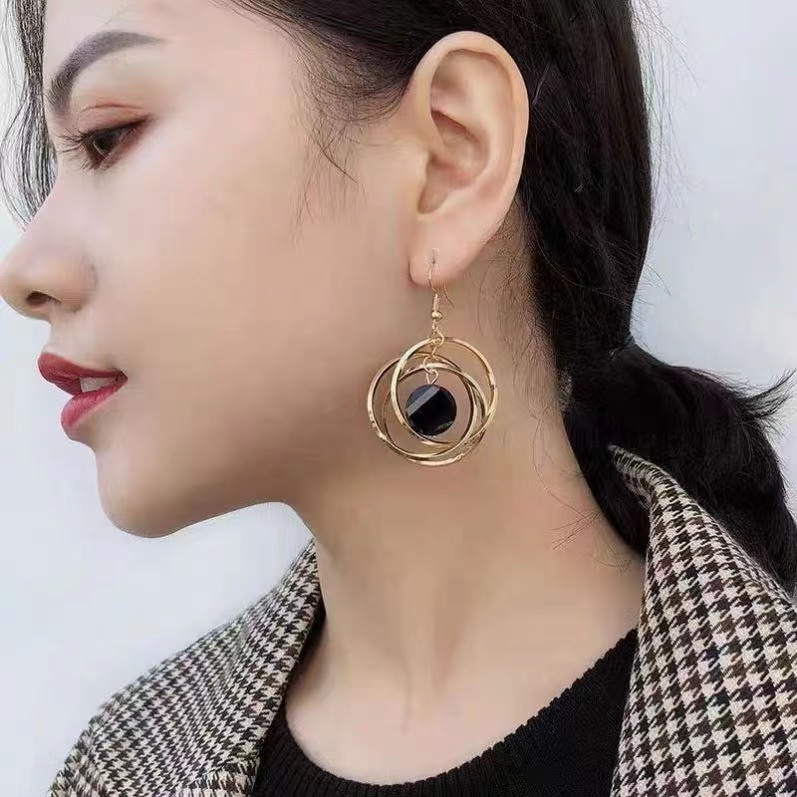 (Hello Girl)E39 Anting Wanita Anting Hook Permata Hitam Silver 925 Import