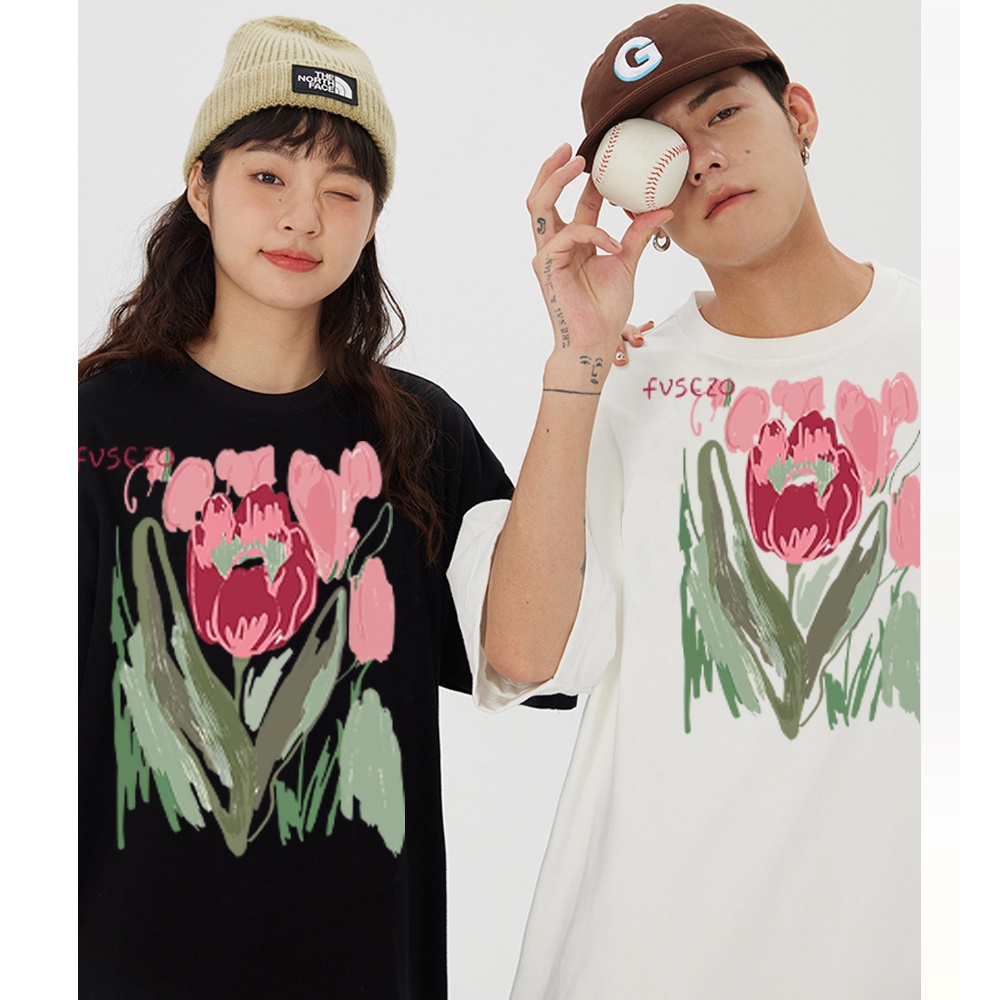 RDGF official shop atasan kaos kaos wanita terbaru Korean style bunga mawar pola cetak crewneck oversize