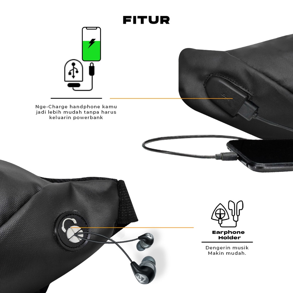 Tas Selempang Pria Heavy - Waistbag Waterproof Obelix Series USB flash | Tas Pinggang Pria Casual