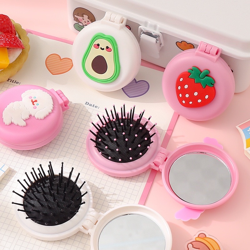 KACA SISIR Bulat Karakter/Kaca Cermin Make Up Mini MURAH / Sisir Rambut Set Lipat Cermin Kaca Bulat Karakter Lucu 2 in 1 Portable Travel Gaya Korea Style Murah