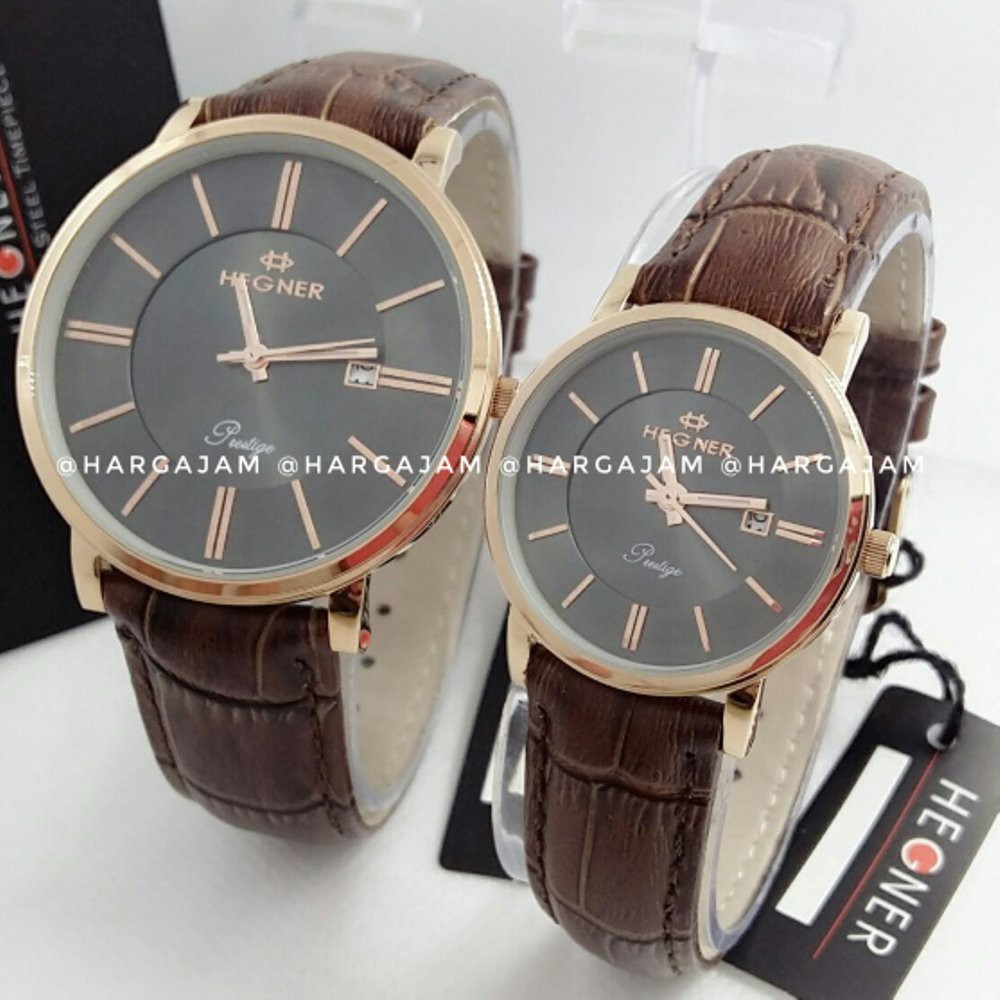Jam Tangan Couple Hegner 403 Original - Leather Brown Kulit Coklat Tua | Bezel Rosegold Hitam - ha