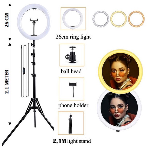 Paket Komplit Ringlight 26cm + Tripod 2,1 Meter Vlog Lampu Ringlight 3 Mode Cahaya 360 Derajat