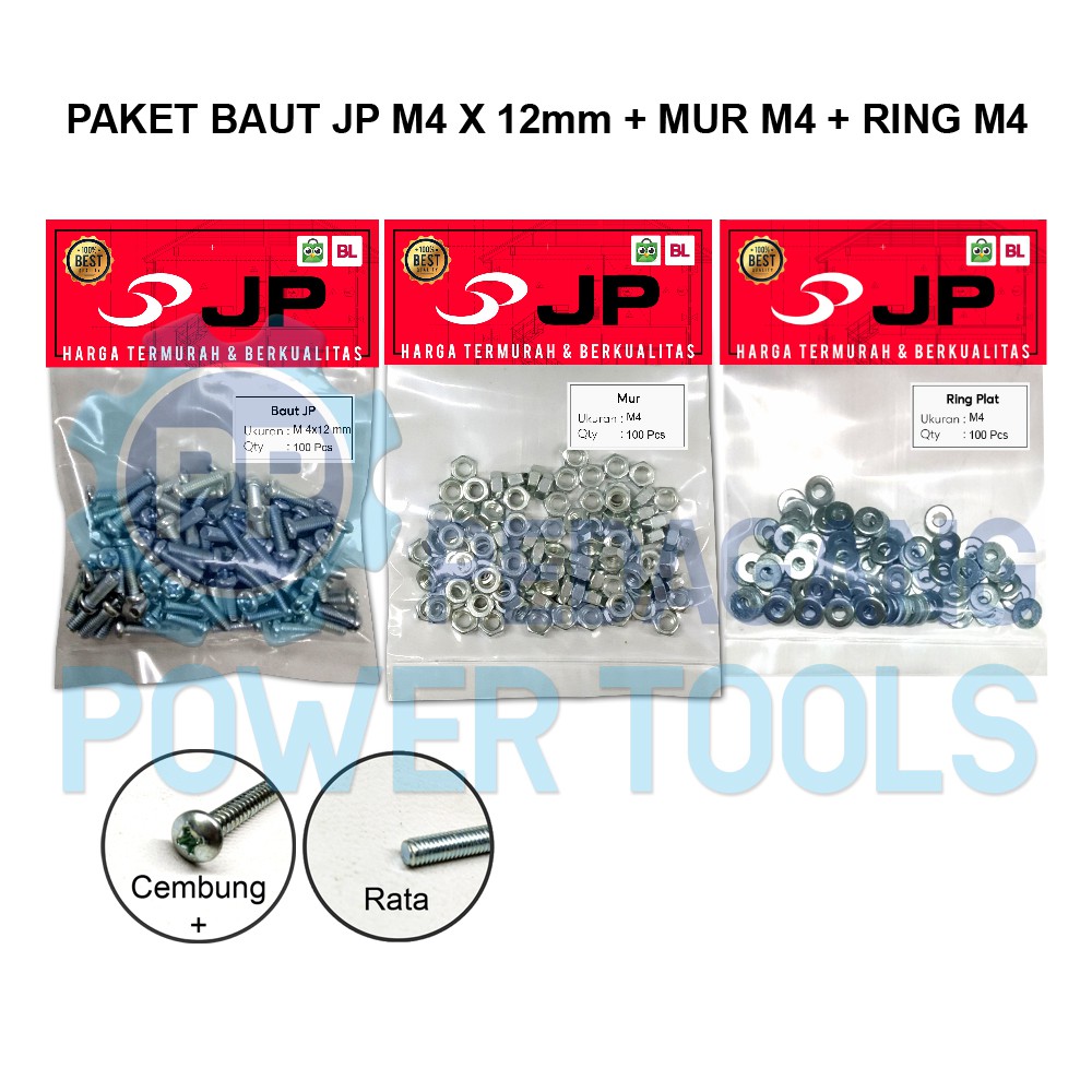 PAKET 3 SET JP M 4x12 BAUT MUR RING PLAT M 4 x 12 MUR M4 ISI 100 PCS