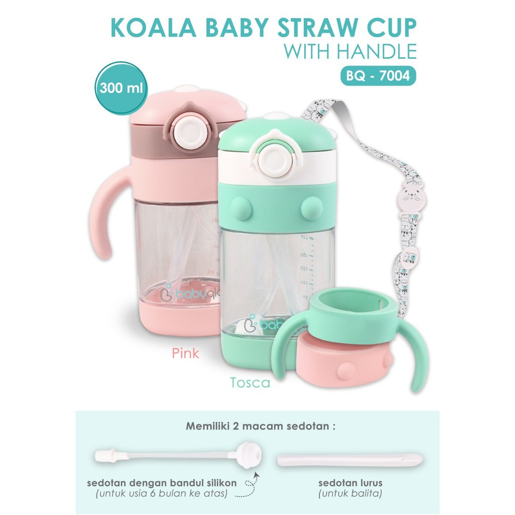 BabyQlo Koala Baby Tritan Straw Cup With Handle &amp; Strap 300ml BQ-7004