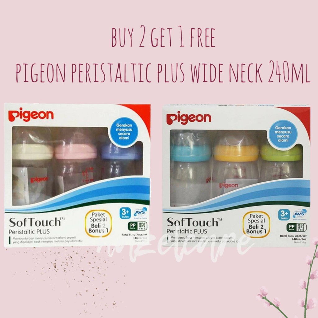 Buy 2 Get 1 Pigeon Peristaltic Plus Wideneck Wide Neck Soft Touch Bottle Isi 3 240ml 240 ml / 330ml 330 ml  PP Clear (Box)  - Botol Susu