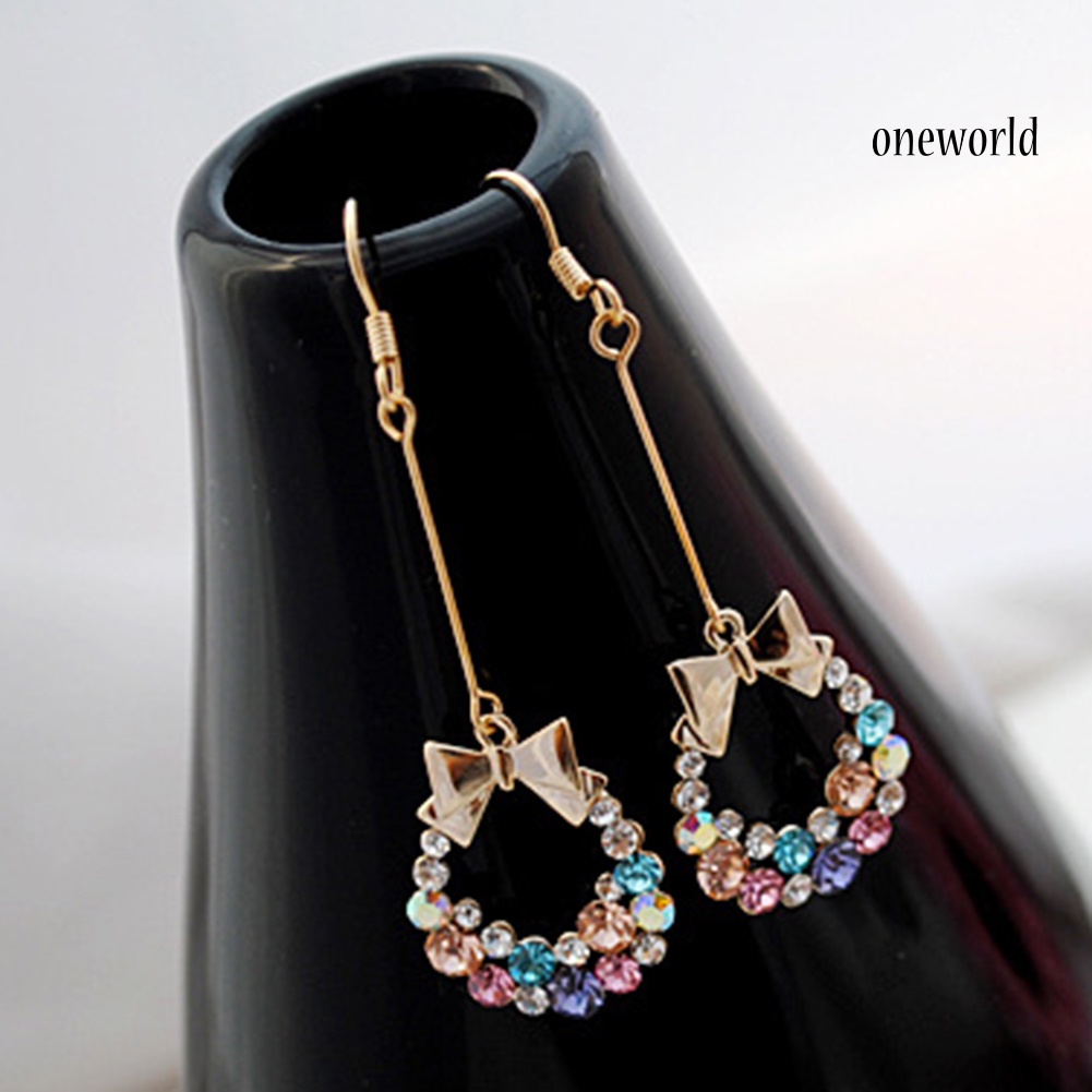 OW@ Multi-color Bowknot Jewelry Rhinestone Eardrop Long Drop Dangle Tassel Hook Earrings