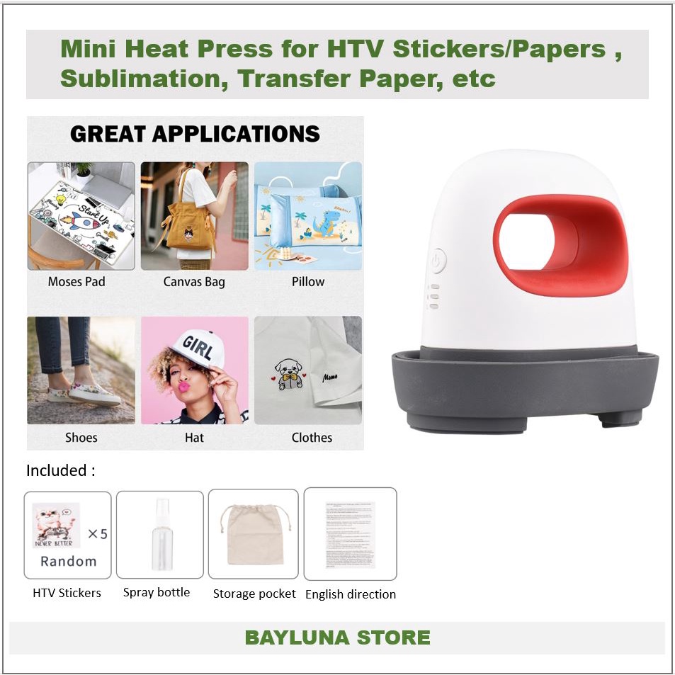 Mini Heat Press Iron on Heat Alat Sablon Mini Rumahan untuk HTV (Heat Transfer Vinyl) Sticker print TShirt Kaos, Topi dll