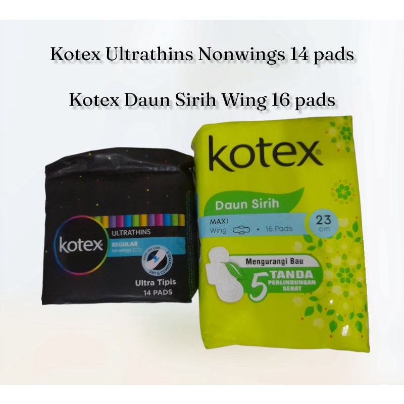 PAKET HEMAT PEMBALUT KOTEX ULTRATHINS NON WING 14 PADS DAN KOTEX DAUN SIRIH MAXI WING 16 PADS