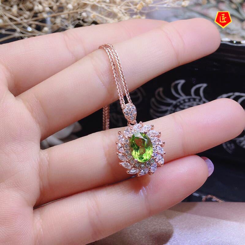 [Ready Stock]Olivine Colored Gems Pendant Full-Jeweled Stud Earrings Open Ring Set