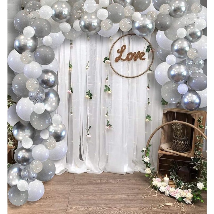 paket 30 pcs balon putih doff dan silver. paket dekorasi ulang tahun. backdrop pesta. background eng