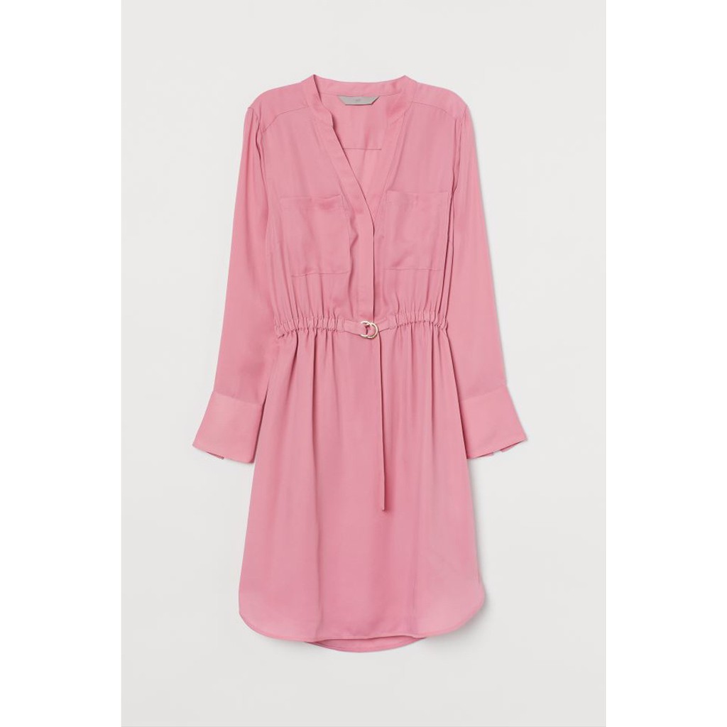H&M V Neck Shirt Dress Light Pink Original Long Sateen HnM Wanita