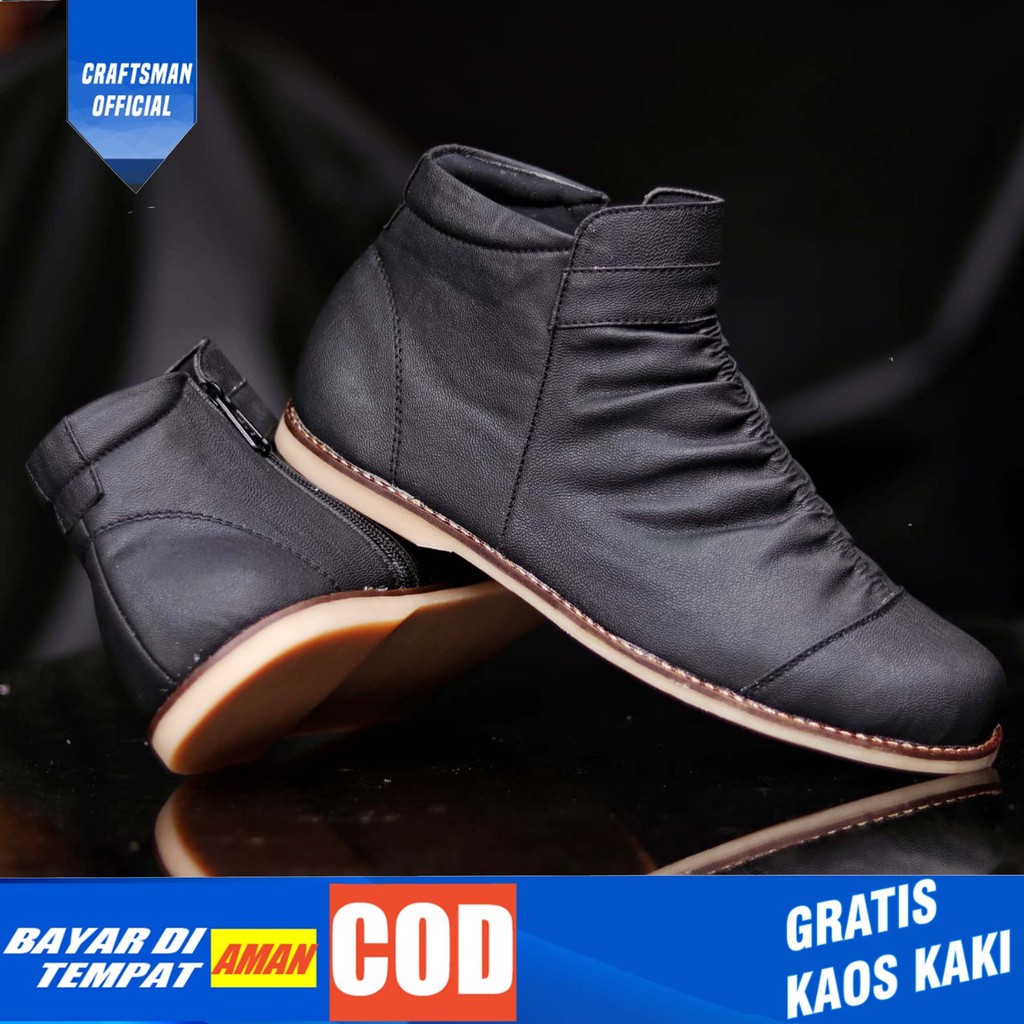 CRAFTS X ZIPPER  Sepatu Kasual Pria Kantor Loafers Fashion Hitam Kulit Syntetic Asli Buatan Tangan