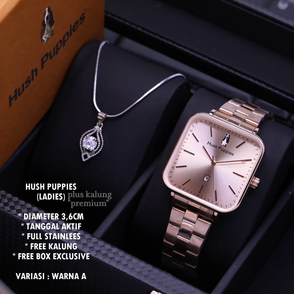 (BISA COD) JAM TANGAN WANITA HUSH PUPPIES RANTAI BODY SEGI TANGGAL AKTIF FREE KALUNG