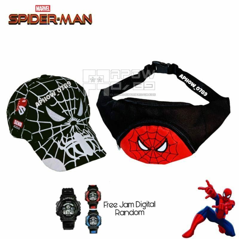 Paket Hemat 3in1 Tas Selempang Anak Waistbag Karakter Free Topi Dan Jam Tangan G-Shock Usia 2-10th