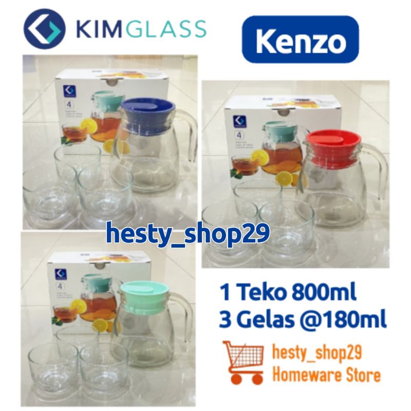 Set Teko Mini dan Gelas 3pcs Bahan Kaca Teko Set 4in1 Kado Tea Pot Mini Kimglass Kenzo