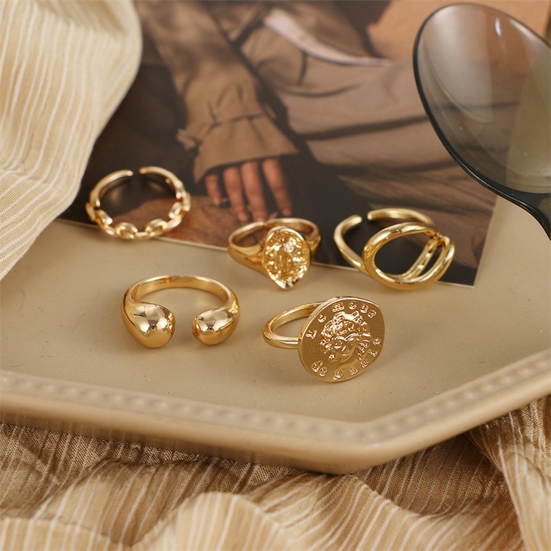 5 Pcs/1Set Cincin Emas punk Aneka Bentuk Gaya Retro Korea Untuk Wanita coolcolor