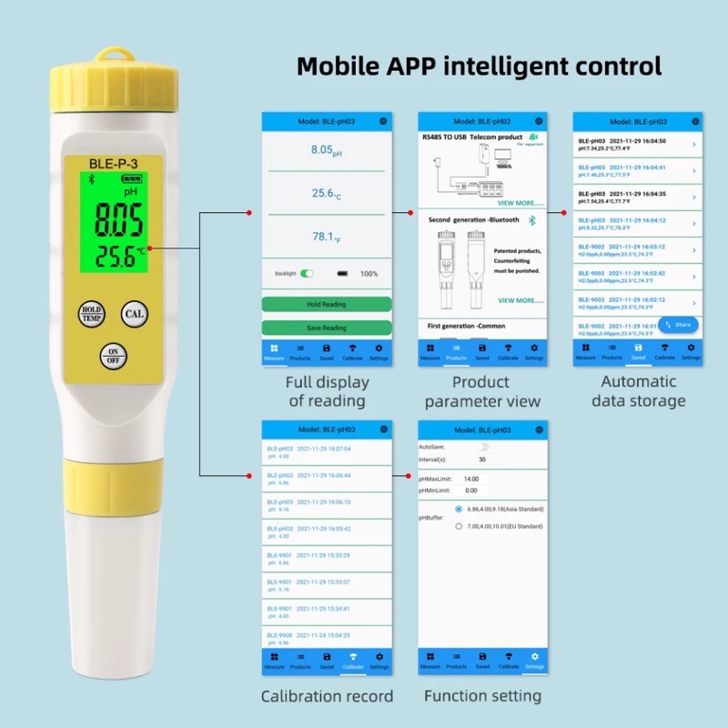 2 in 1 Bluetooth App Ios Android PH Meter Air + Suhu Digital BLE-P-3