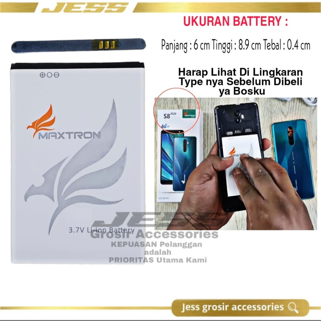 Baterai Batre Original MAXTRON S8 2020 ( ukuran Battery Panjang 6.0 cm Tinggi 8.9 cm Lebar 0.4 cm )