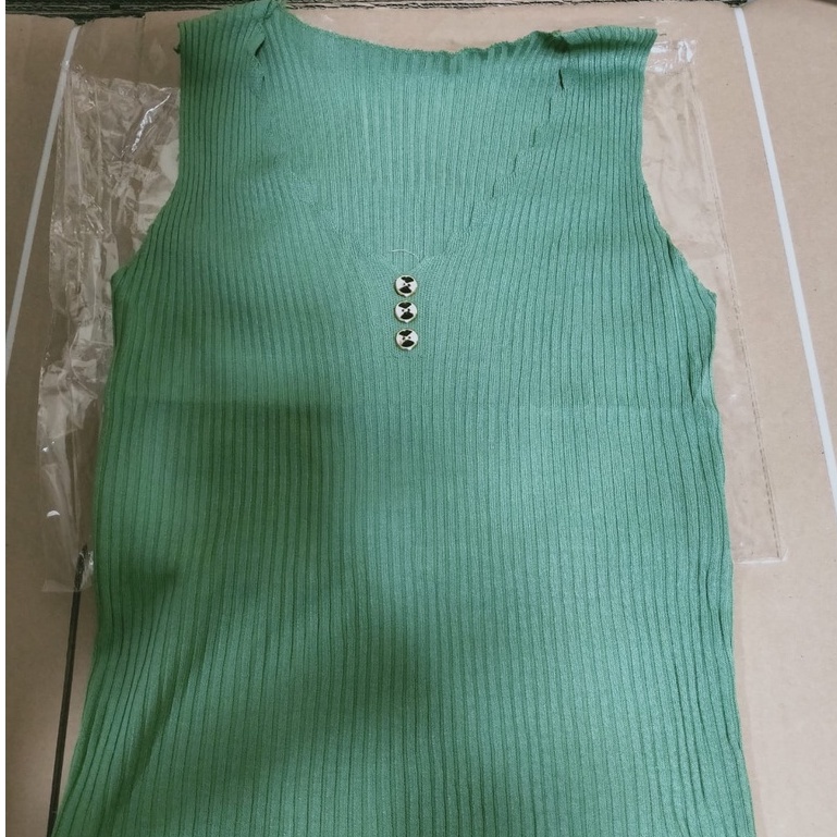 Feminin Tank Top Wanita Polos Vest Rajut Tengktop Wanita Tanktop Korean-Hijau Button