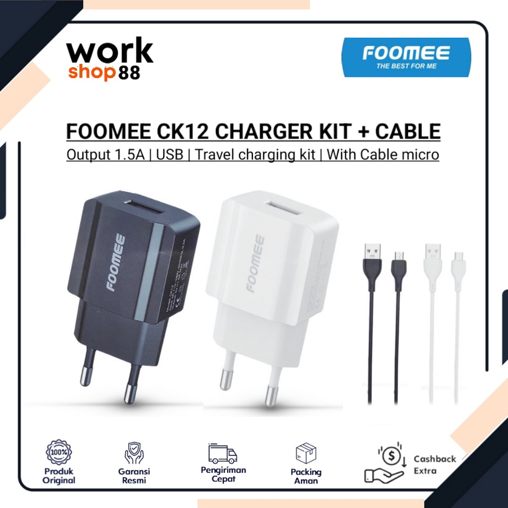 Terbaru FOOMEE CK12 Travel Charger Kit Fast Charging + Free Cable Micro - New Original Garansi Resmi