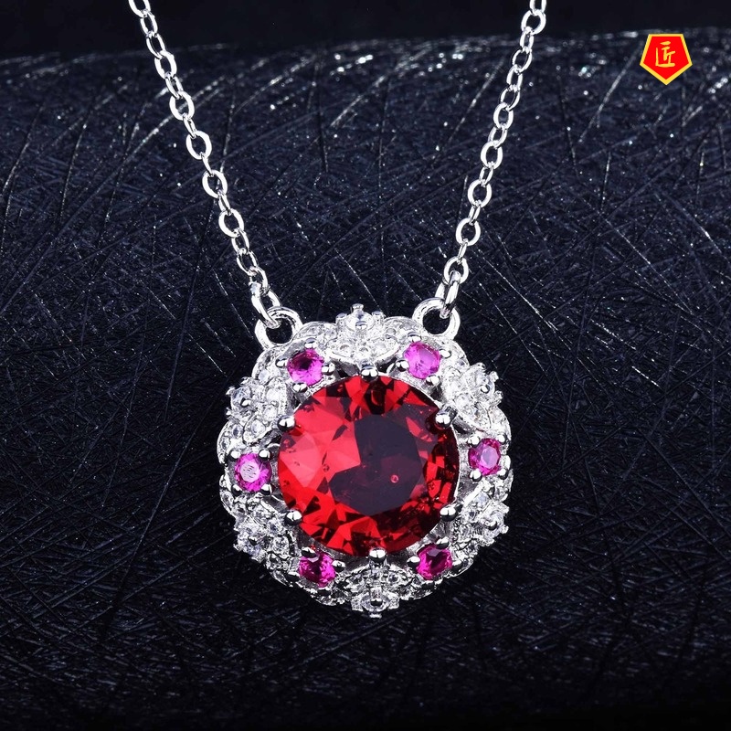 [Ready Stock]Micro-Inlaid Ruby Necklace Simple Women's Goose Egg-Shaped Banquet Pendant