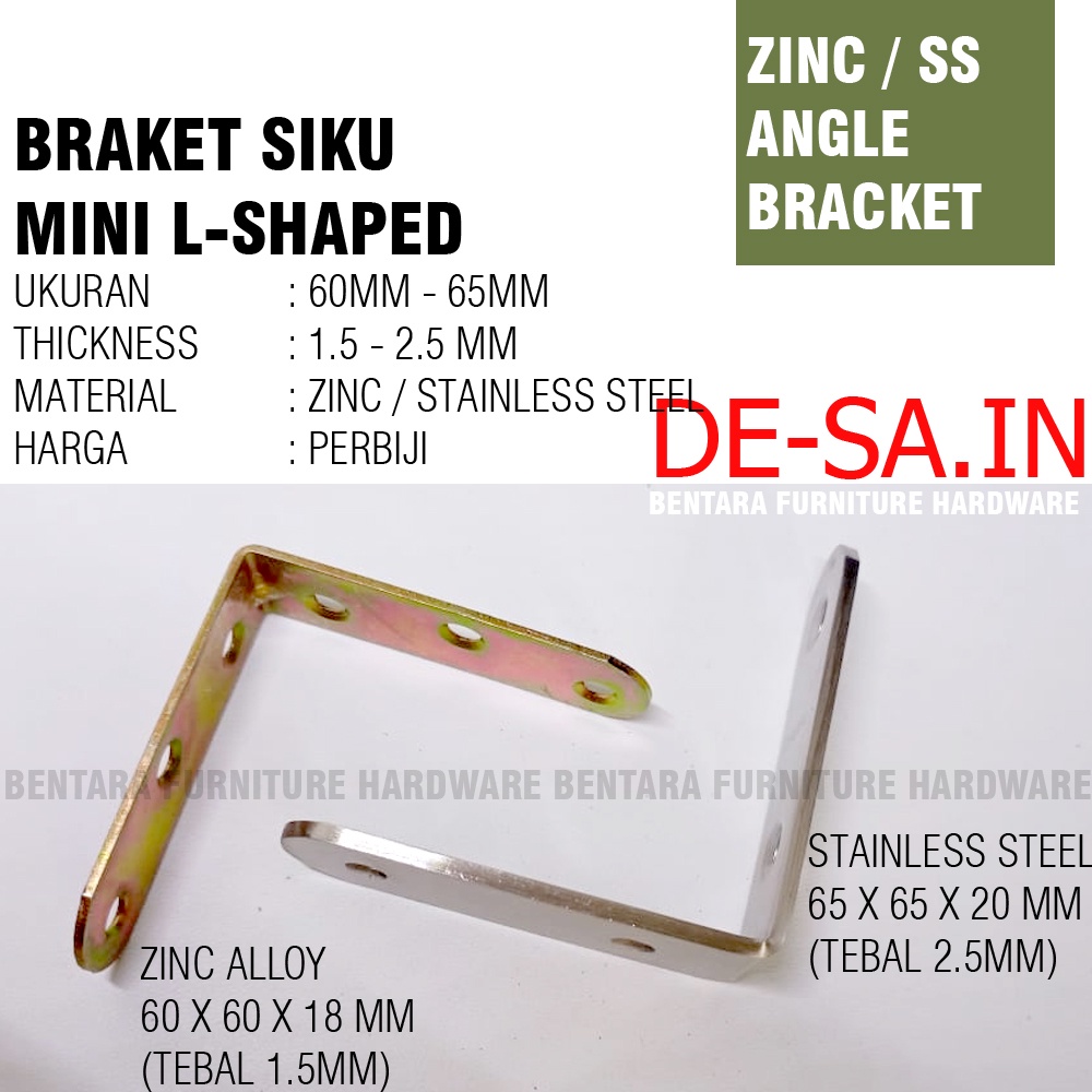 60-65 MM Siku Stainless Steel / Zinc Plate Braket Siku TEBAL 60 x 60 MM / 65 x 65 MM - L-Shaped Angle Bracket Fastener