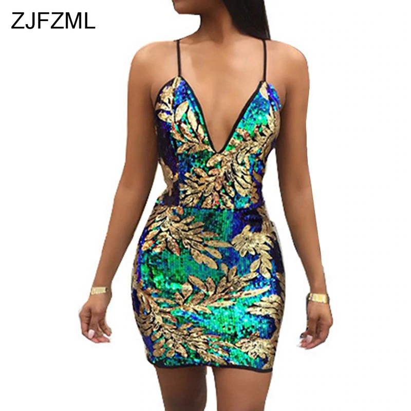 TERBARU ZJFZML Sexy Gold Green Sequins Dress 2018 Women V Neck Sleeveless Party Dress Luxury
