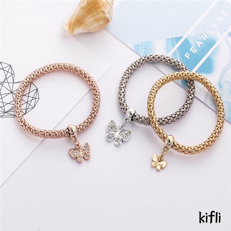 3pcs / Set,Berlian Bertatahkan Kupu-kupu  Kunci  Kunci Liontin ,Gelang Tiga Warna Set,Gelang Perhiasan Wanita