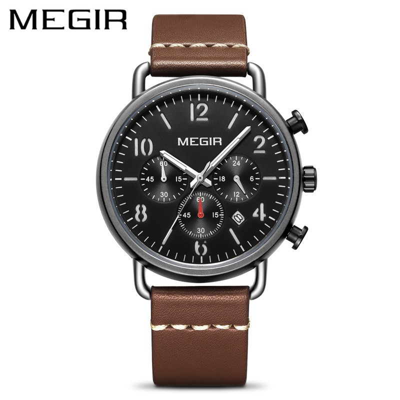 MEGIR 2158 Jam Tangan Pria Analog Chronograph Tali Kulit Luminous WATCHKITE WKOS