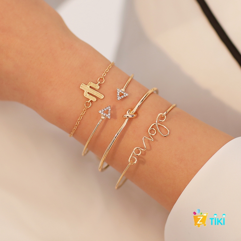 COD（TiKi）4Pcs/Set Gelang Women Gilr Gold Triangle Knot Love Cactus Opening Bangle Chain Bracelet-6